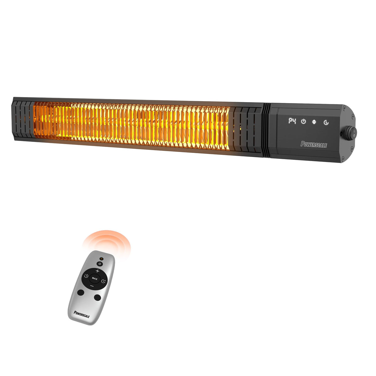 PowerScale infrared heater with remote control for convenient warmth on demand.