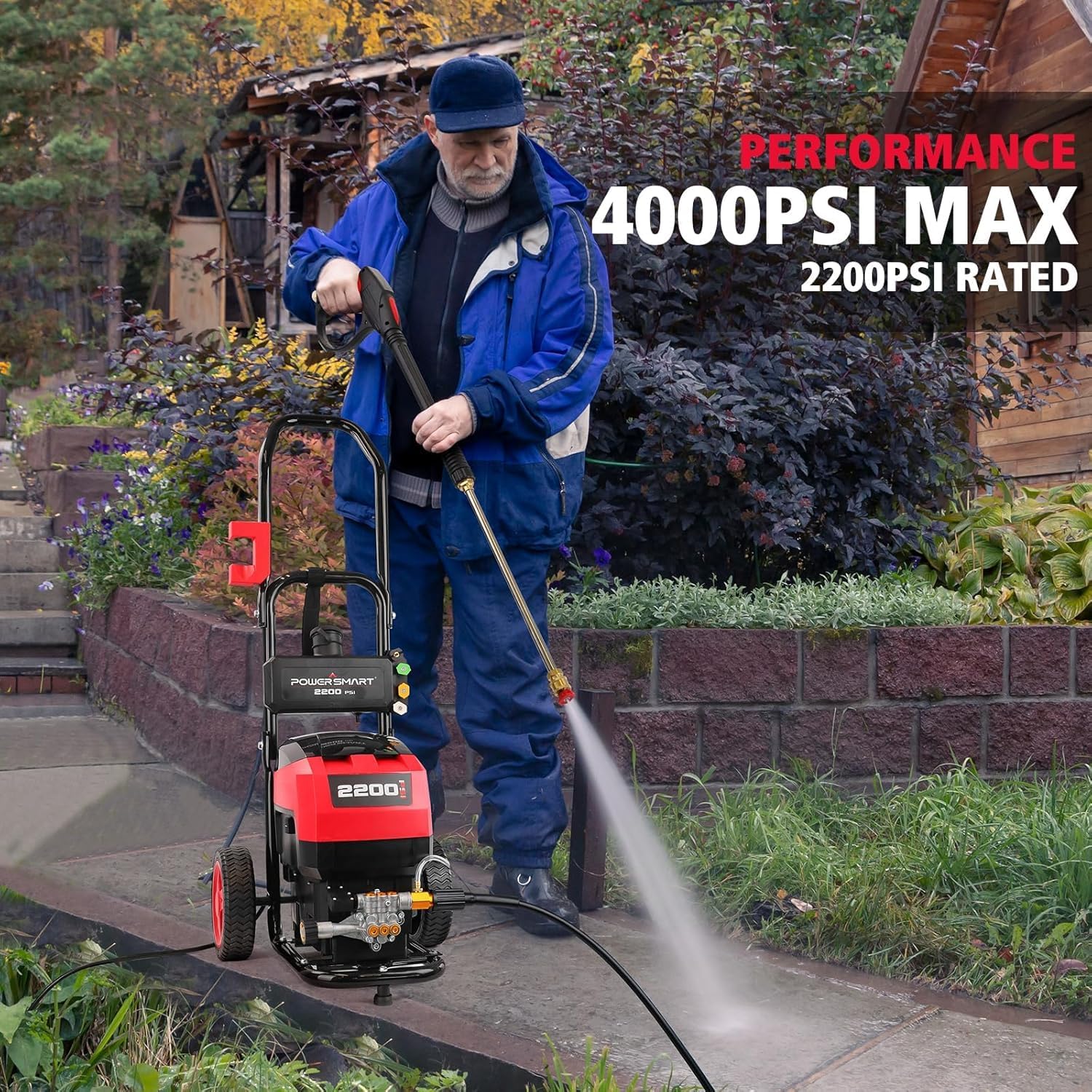 PowerSmart electric pressure washer side view emphasizes portability for stair and patio cleaning