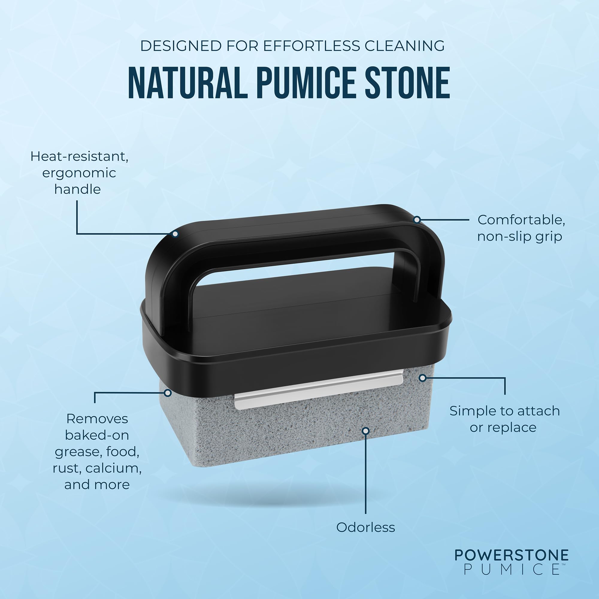 Powerstone heat-resistant handles keep hands safe while scrubbing.