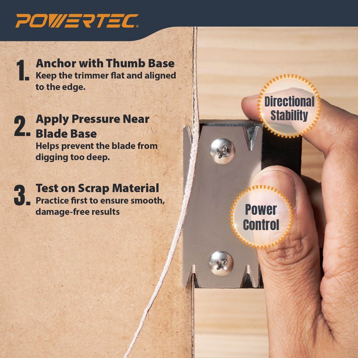 POWERTEC Edge Banding Trimmer trimming veneer, PVC, ABS, and laminate