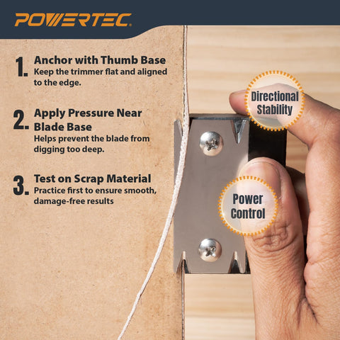 POWERTEC Edge Banding Trimmer trimming veneer, PVC, ABS, and laminate