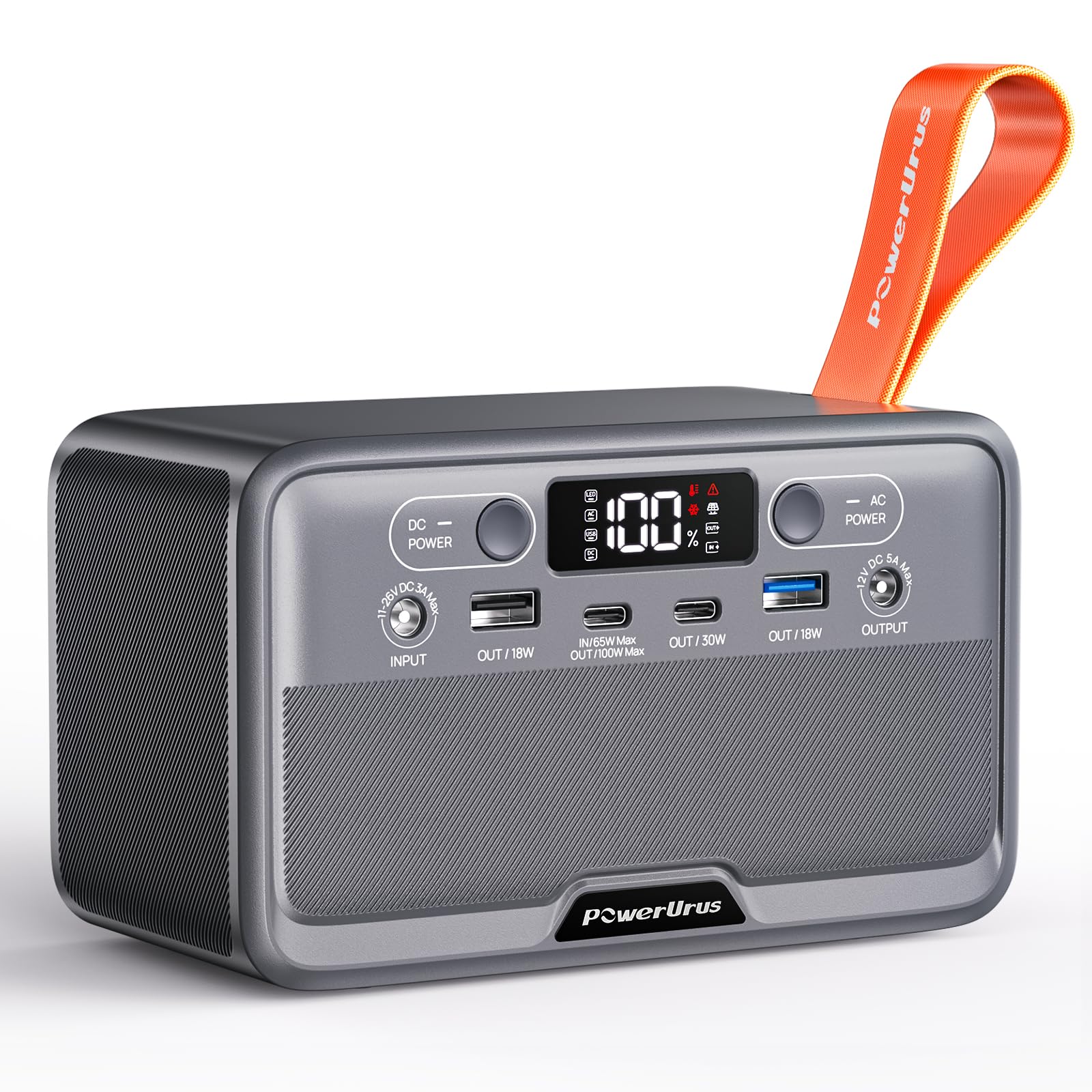 PowerUrus portable power station front view powering devices on the go