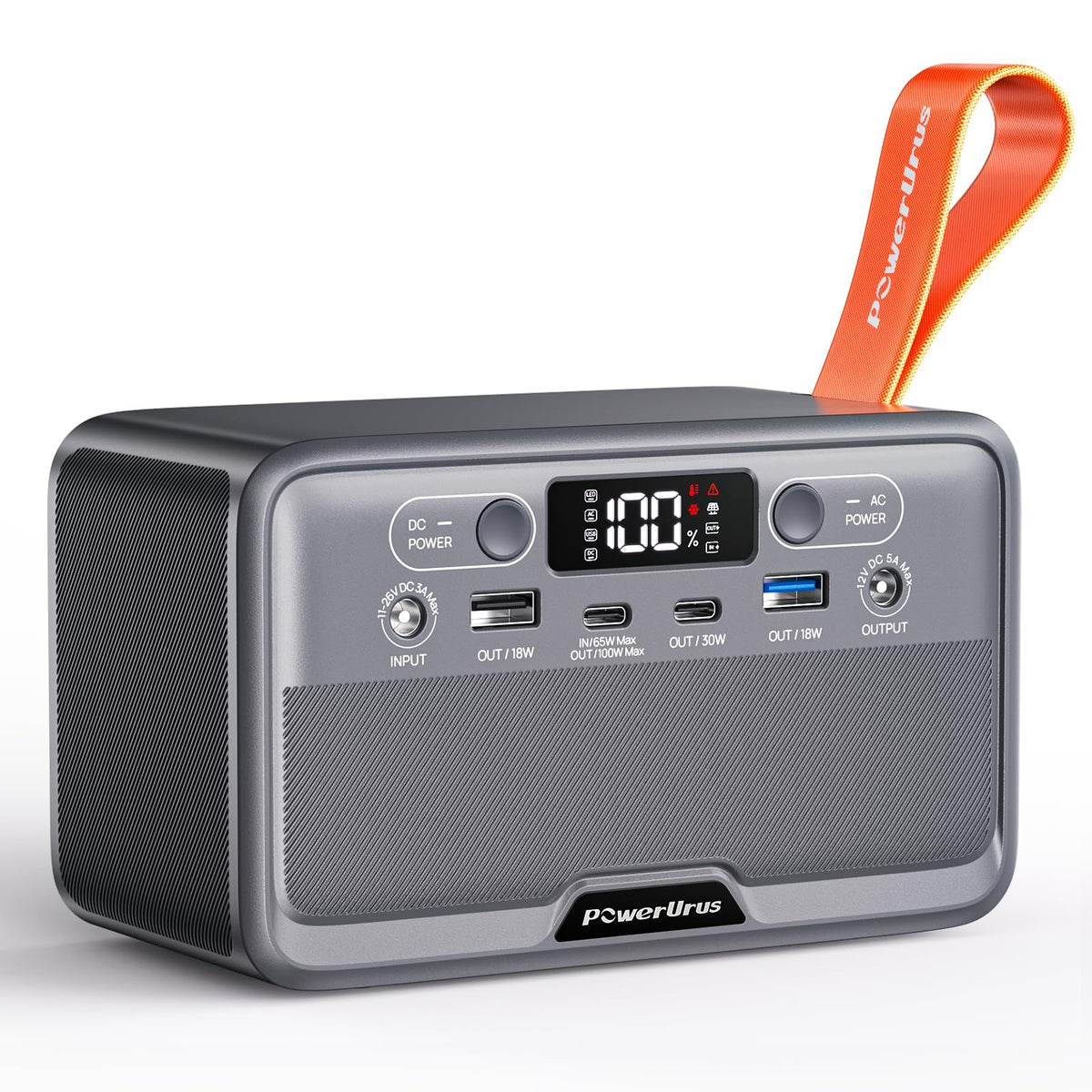PowerUrus portable power station front view powering devices on the go