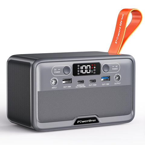 PowerUrus portable power station front view powering devices on the go