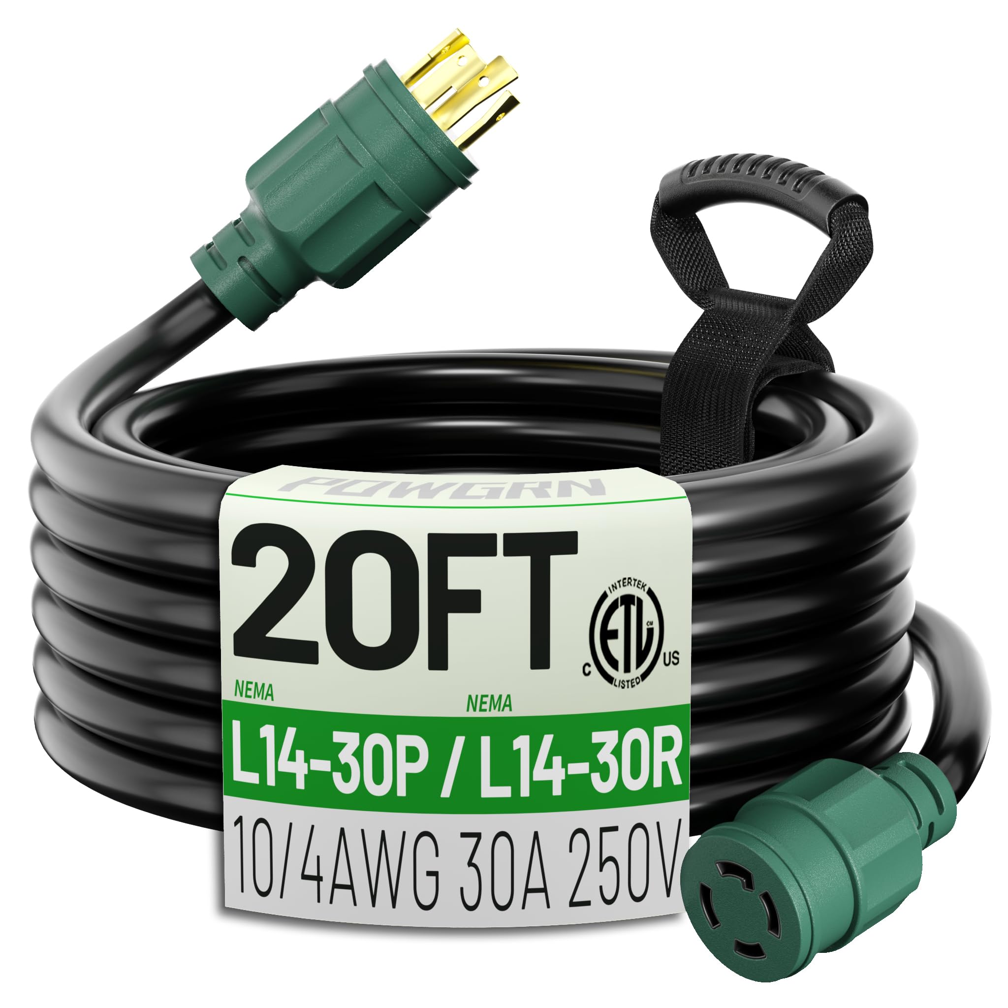POWGRN 20 ft L14-30P to L14-30R cord for reliable generator-to-transfer switch connections.