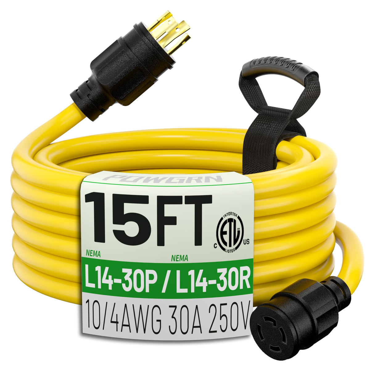 POWGRN 30-Amp 15ft extension cord with L14-30P to L14-30R for transfer switches