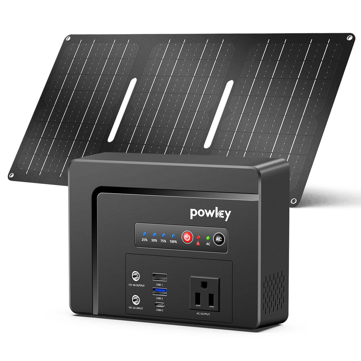 Powkey 100W generator front view demonstrates compact, travel-ready power for outdoor use.