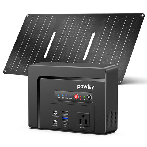 Powkey 100W generator front view demonstrates compact, travel-ready power for outdoor use.