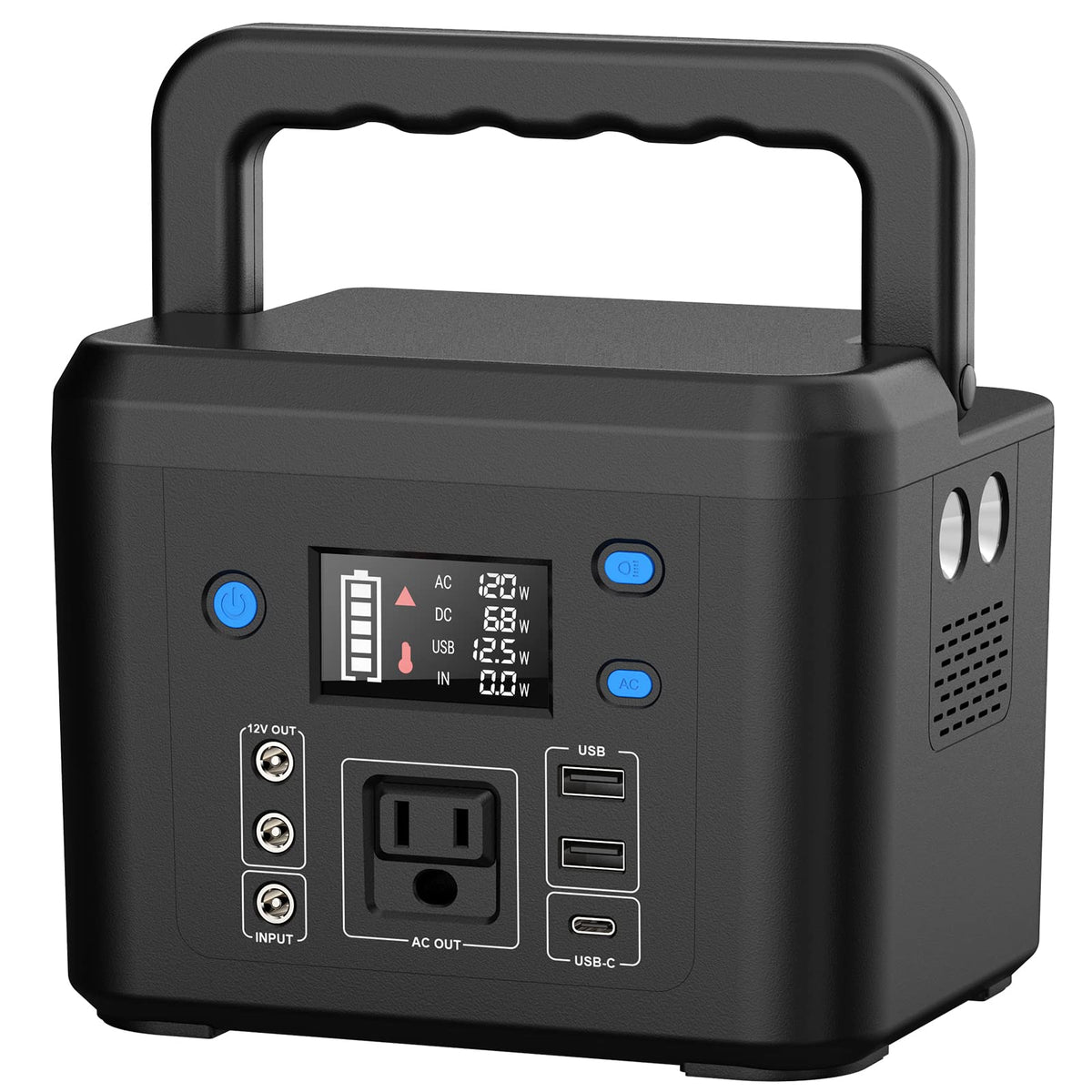 Powkey 120Wh portable power station front view for travel-friendly power.