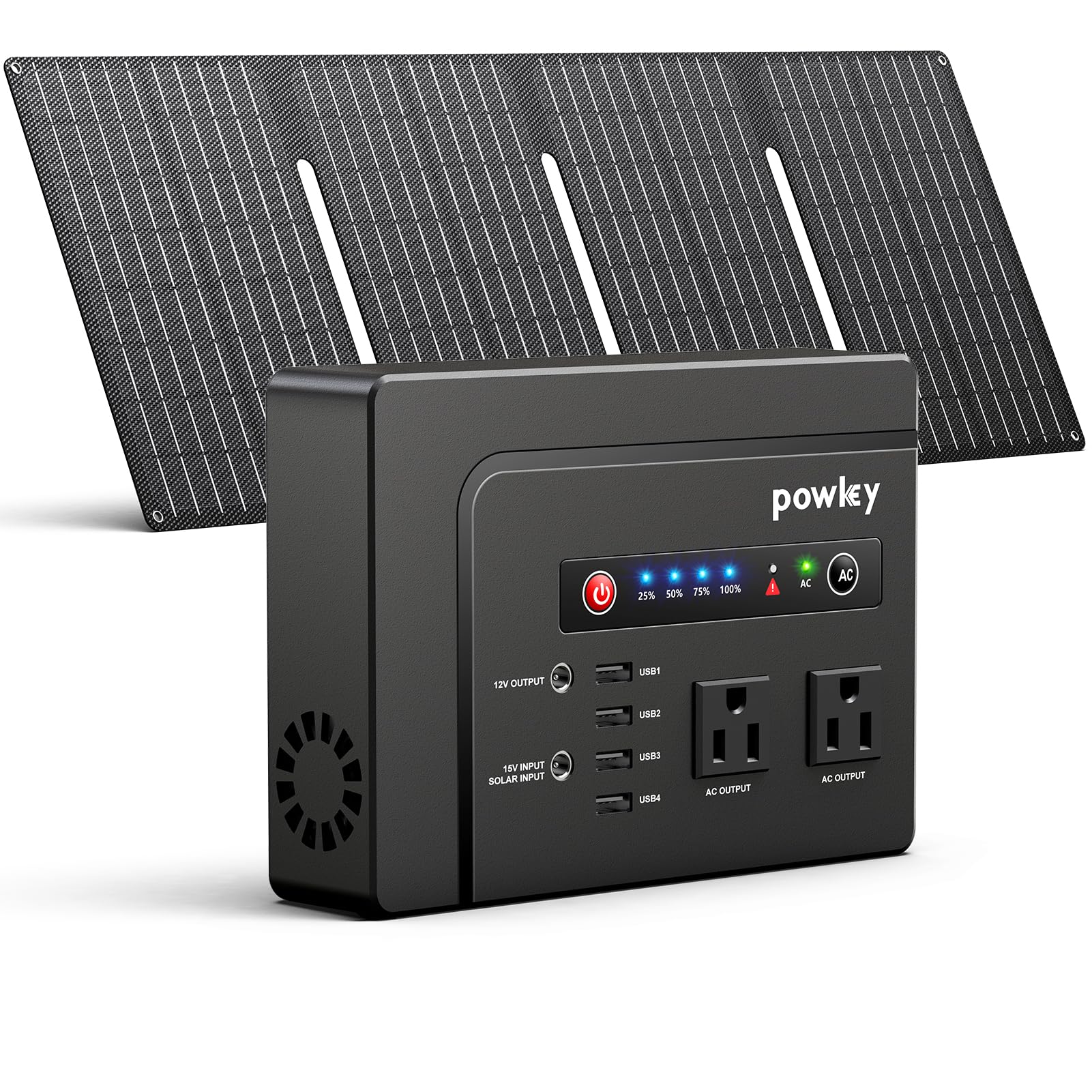 Powkey 200W solar generator unit powering devices on a campsite.
