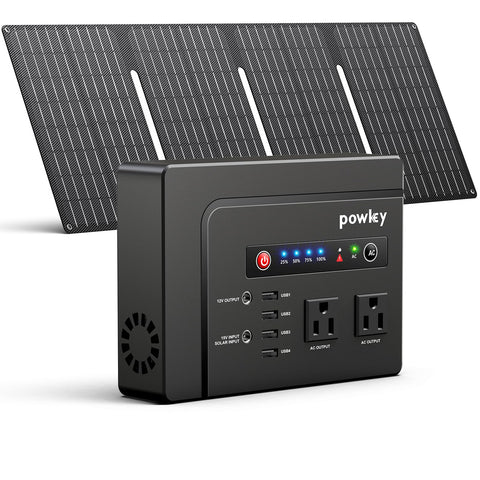 Powkey 200W solar generator unit powering devices on a campsite.