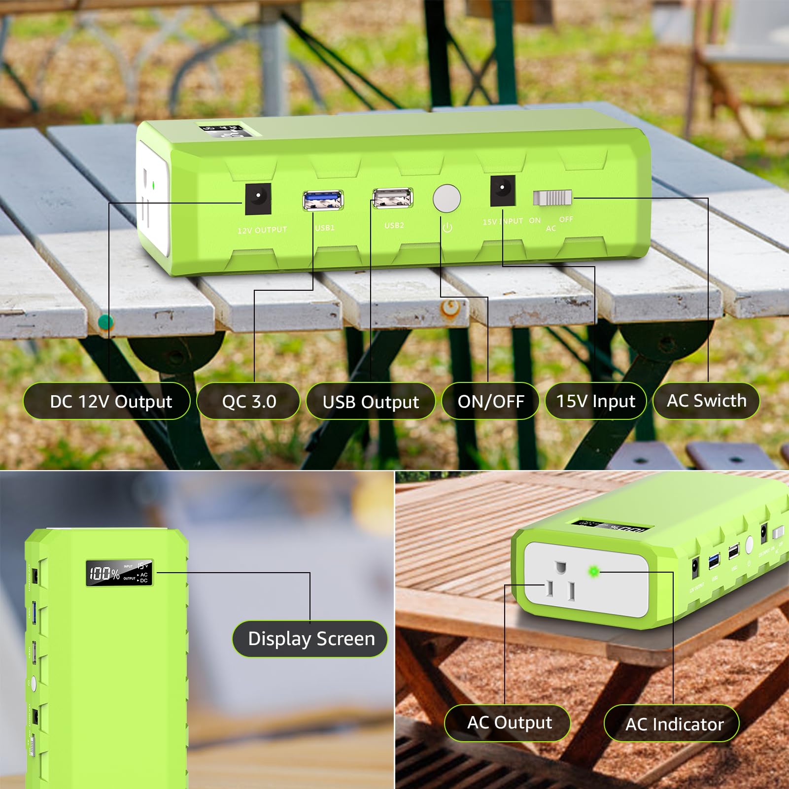 Powkey car charger input for recharging during travel.