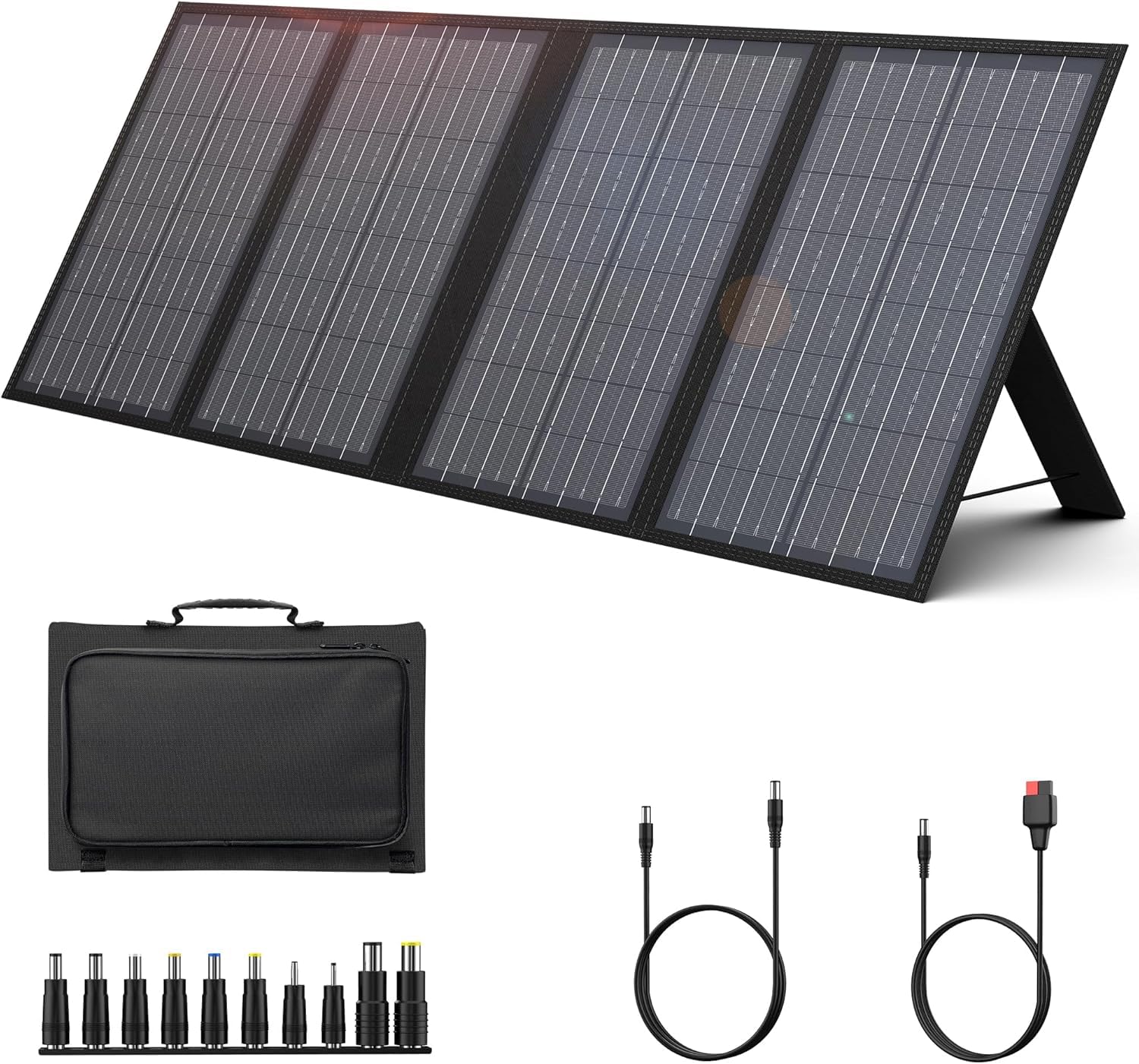 Powkey foldable 60W solar panel front view powering devices outdoors.