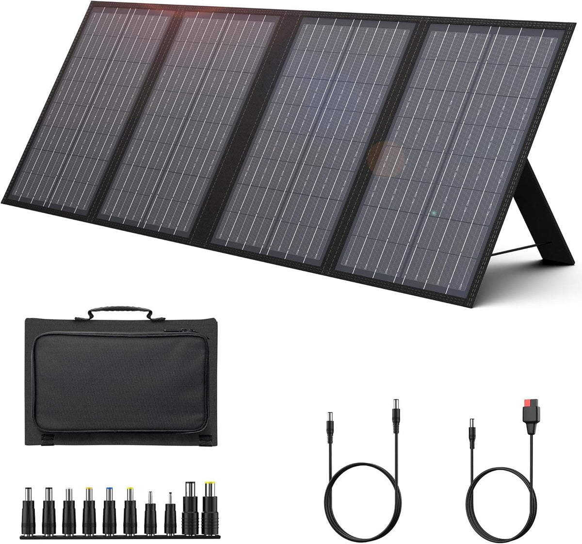 Powkey foldable 60W solar panel front view powering devices outdoors.