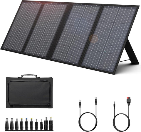 Powkey foldable 60W solar panel front view powering devices outdoors.