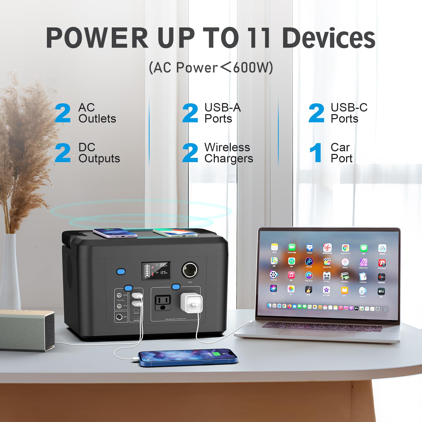 Powkey R600 with two AC outlets powering a mini fridge outdoors