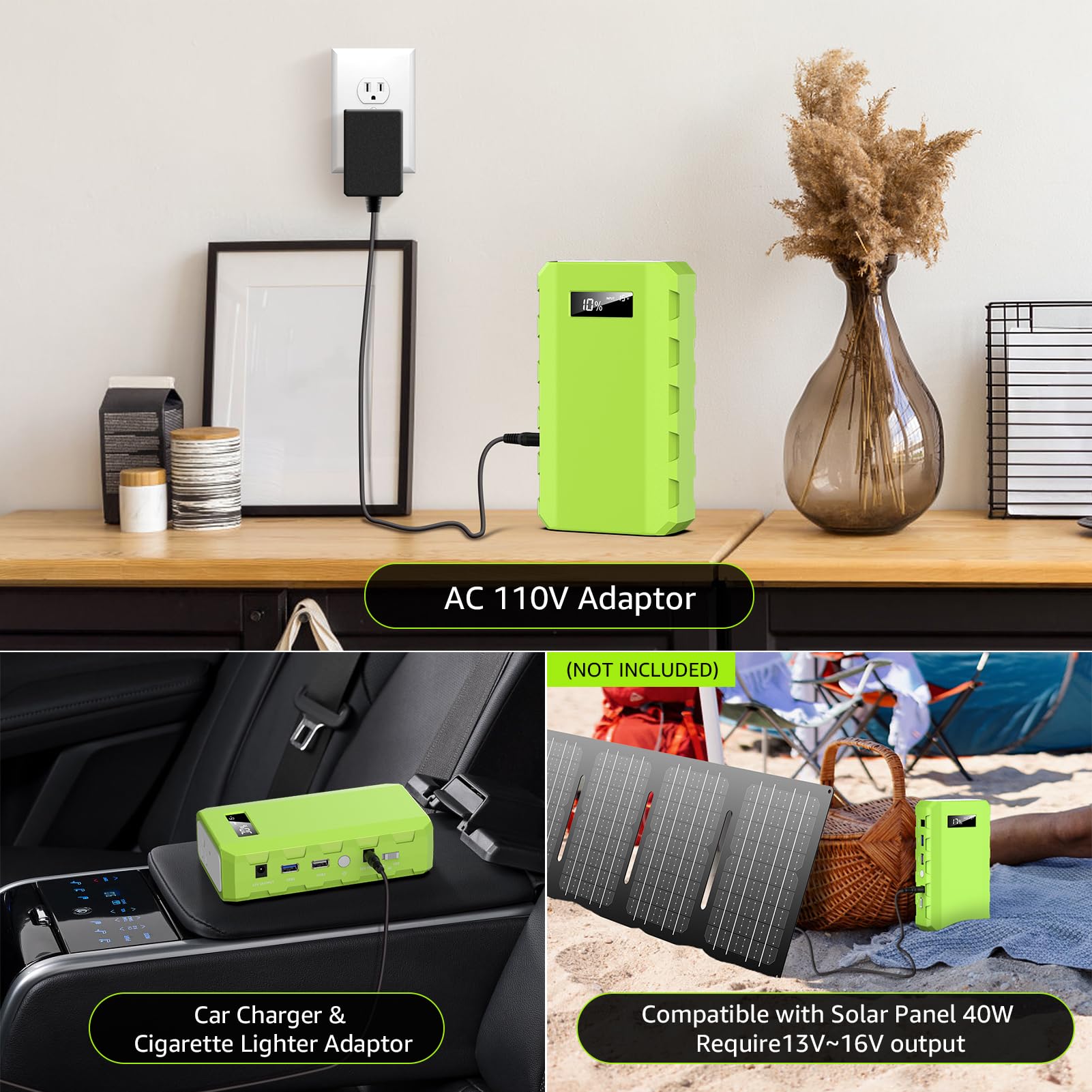 Powkey solar-ready input supports off‑grid charging (panel not included).