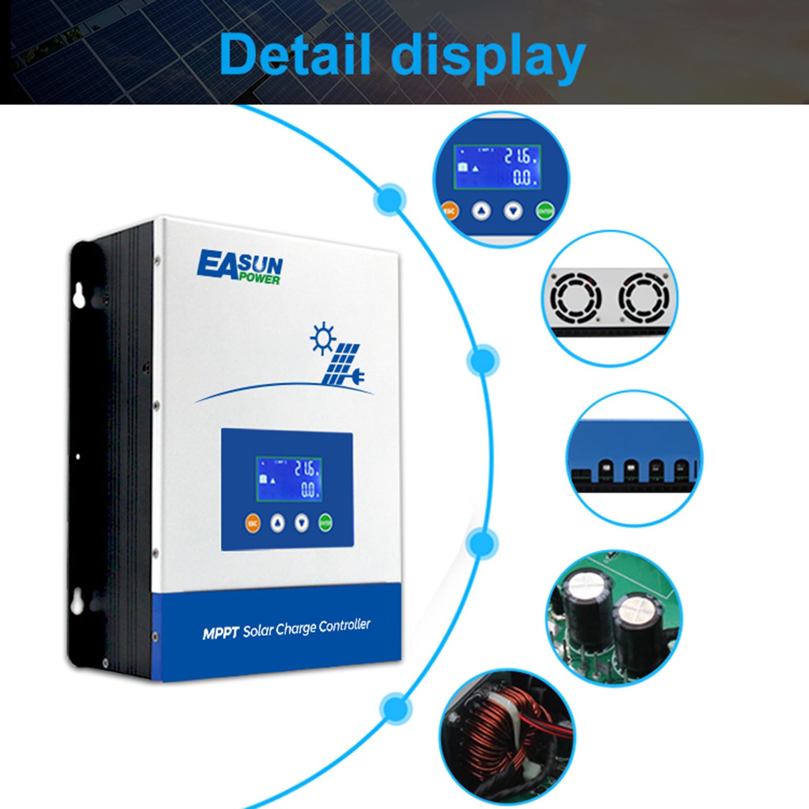 Powland 100A MPPT protection panel highlights short circuit and overload safeguards.