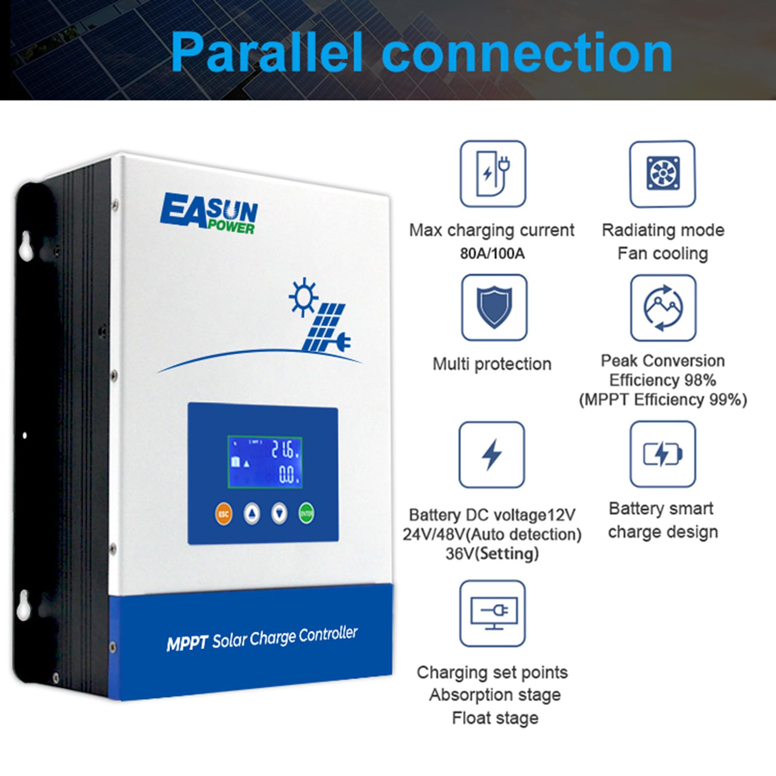 Powland 100A MPPT auto-detection screen identifies system voltage for easy setup.