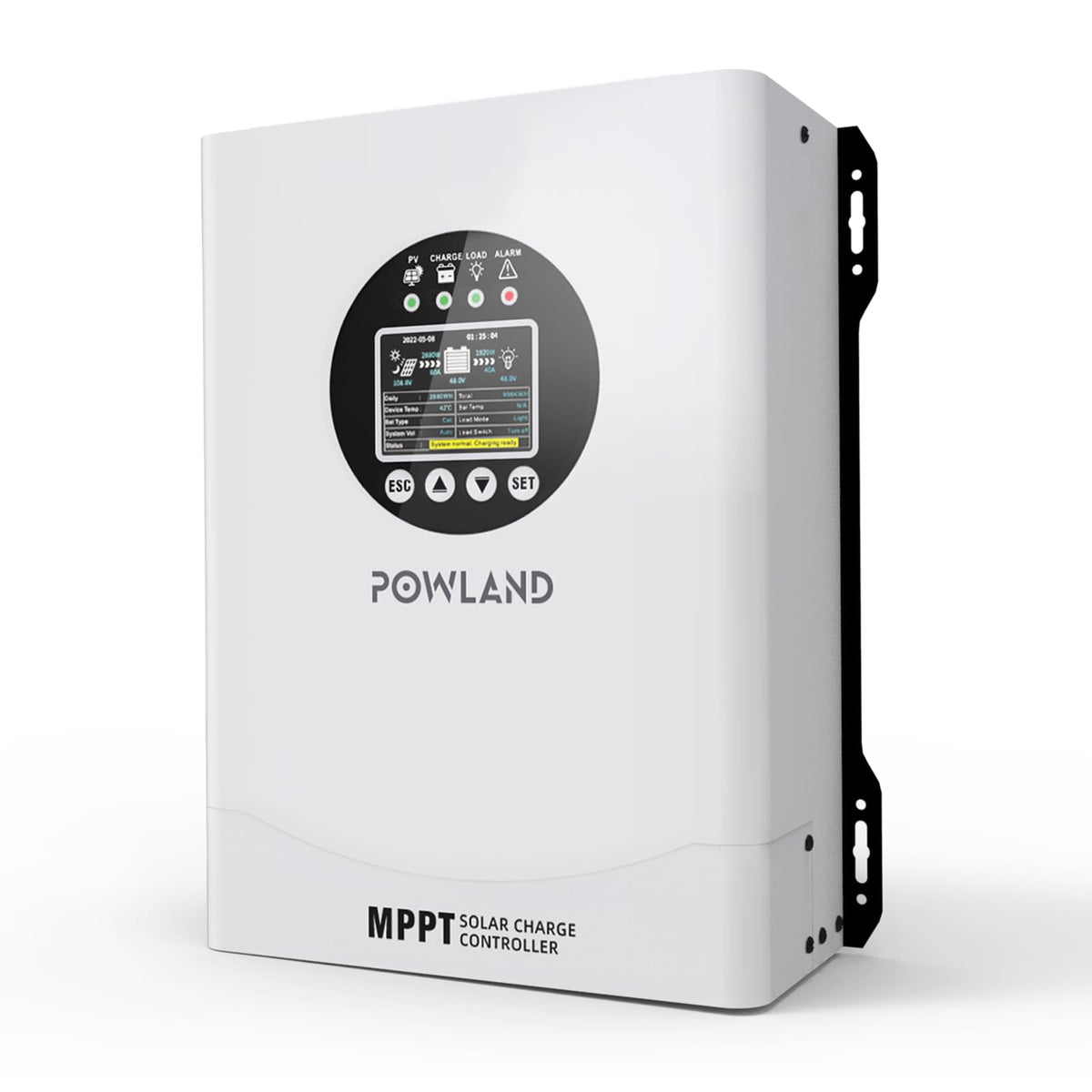 Powland 120A MPPT controller front panel for quick system monitoring.