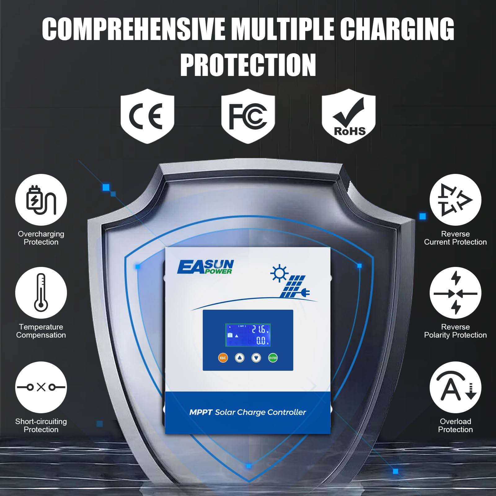 Powland MPPT front view highlights rugged controller suitable for RV and home solar setups.