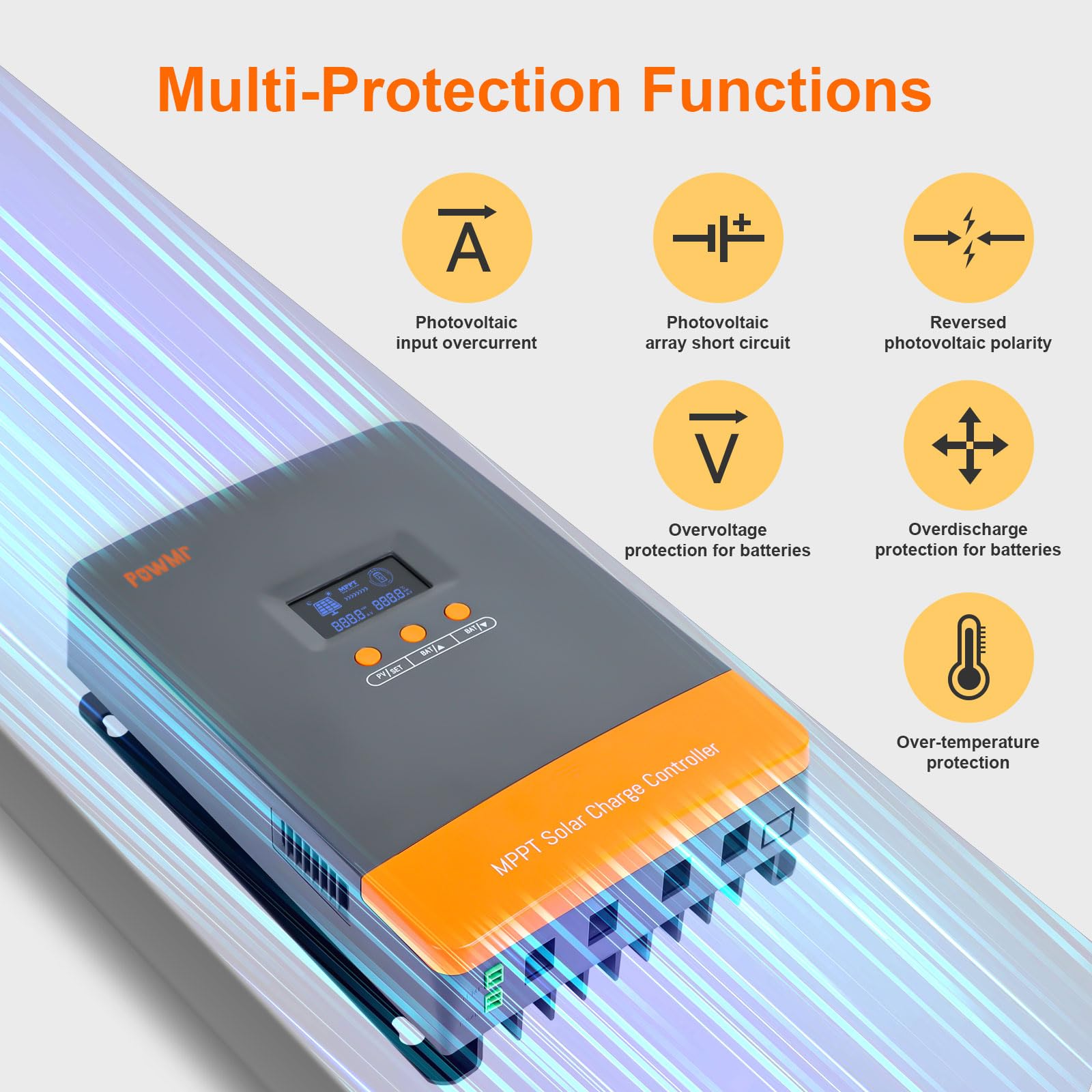 PowMr 100A MPPT protection system safeguarding PV and battery connections