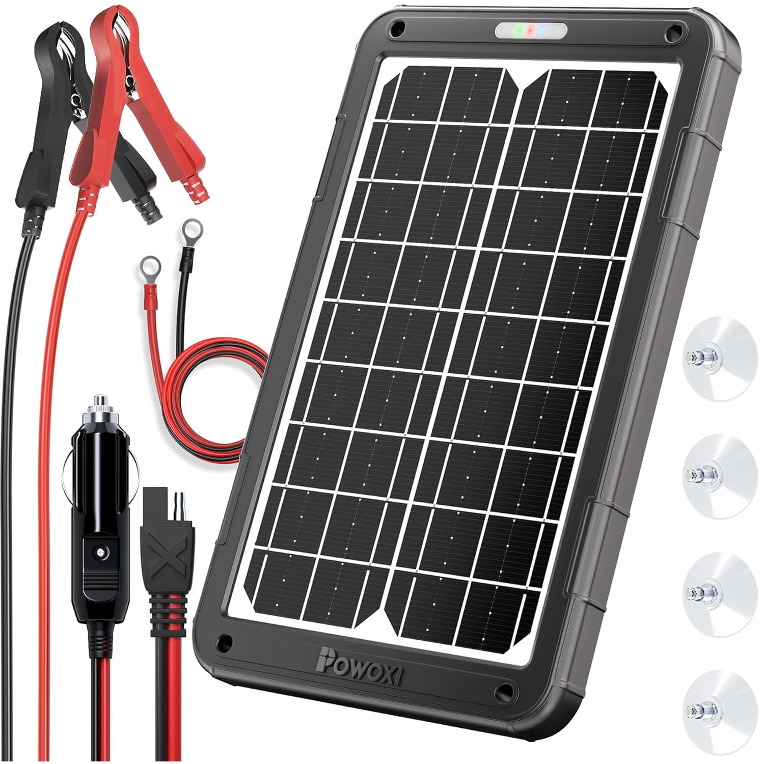 POWOXI 12V solar panel 15W powering a car battery for efficient charging.