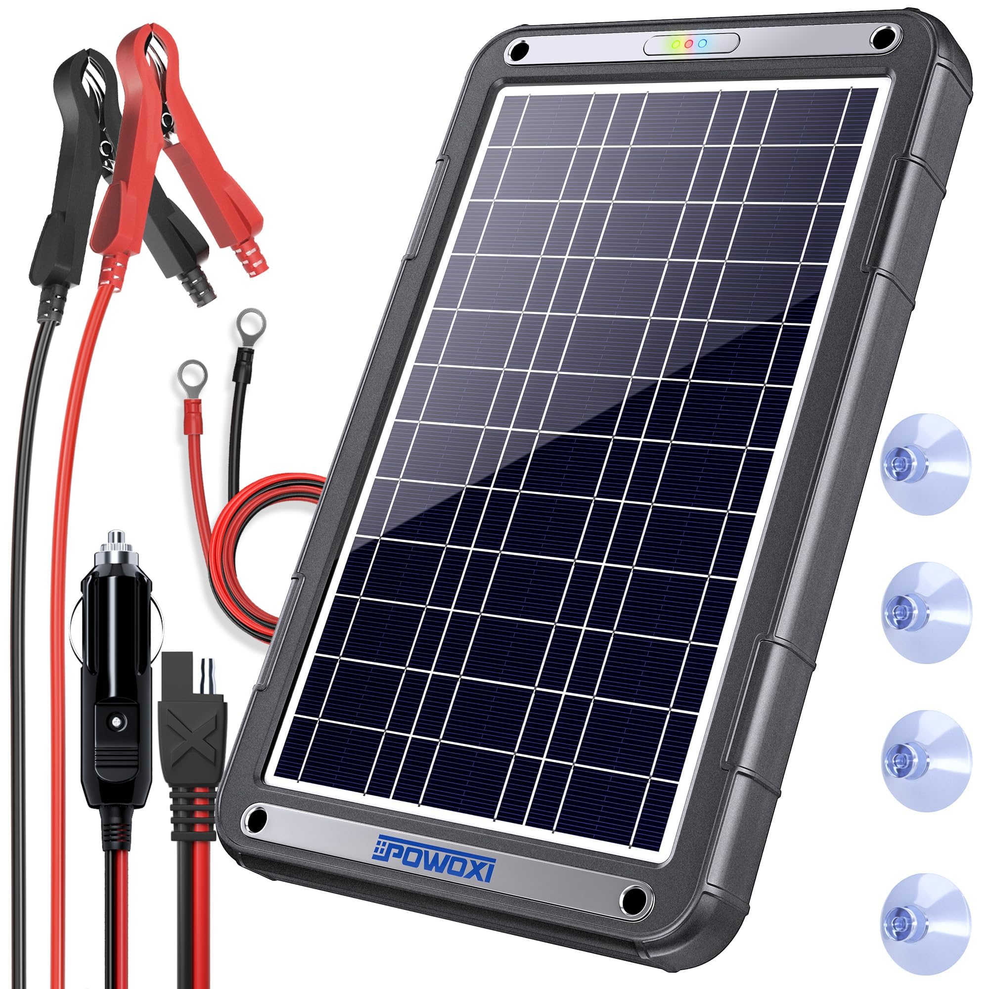 POWOXI 12V solar panel on a vehicle delivering steady trickle charging.