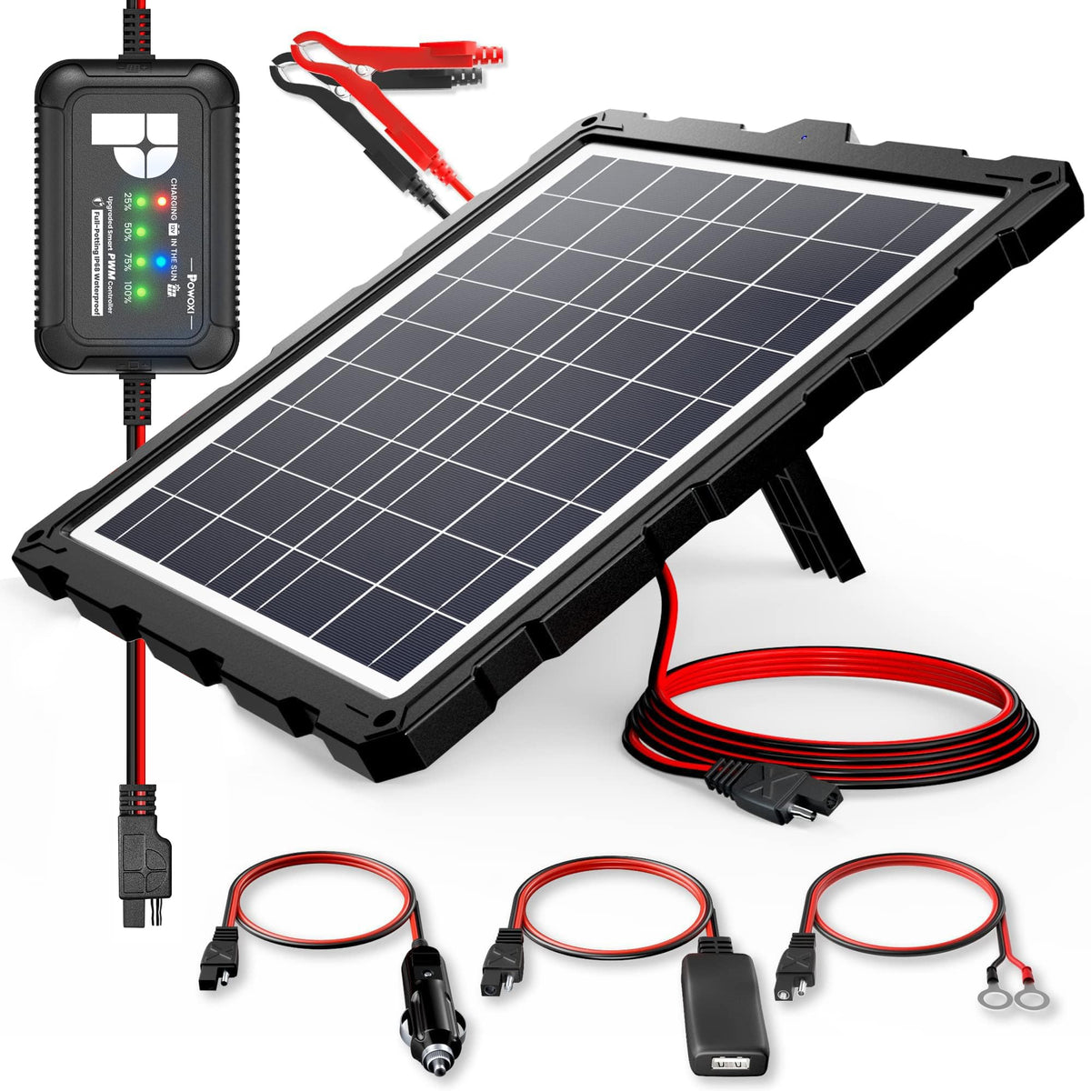 POWOXI 20W solar panel charger powering a 12V battery with efficient sunlight