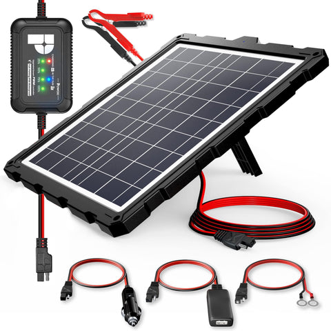 POWOXI 20W solar panel charger powering a 12V battery with efficient sunlight