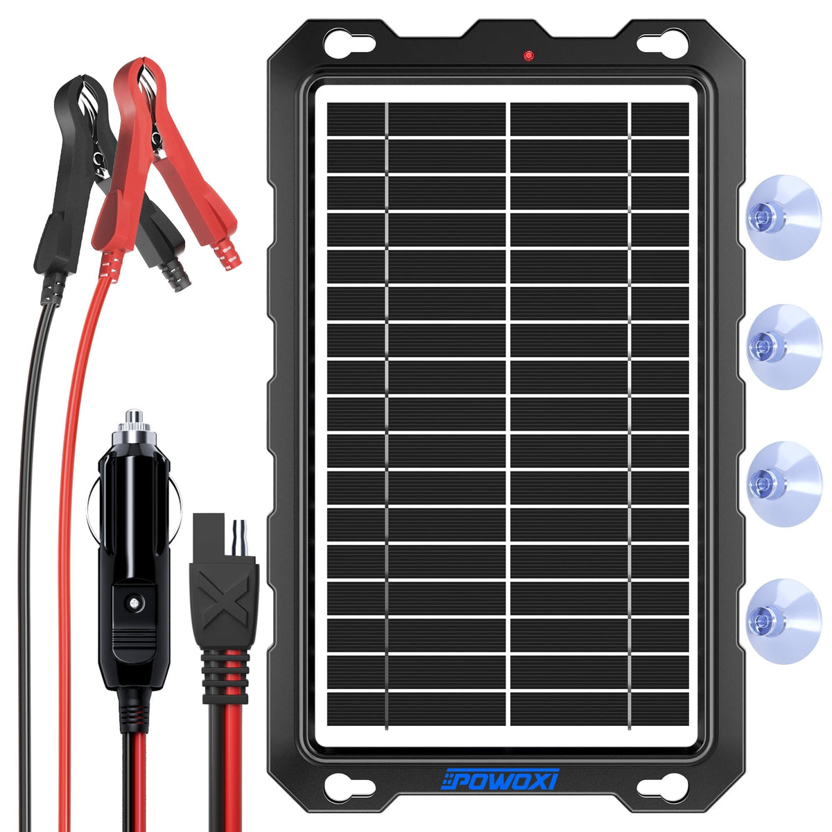 POWOXI 9W solar panel close-up highlighting durable construction for reliable charging.