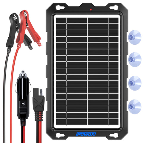 POWOXI 9W solar panel close-up highlighting durable construction for reliable charging.