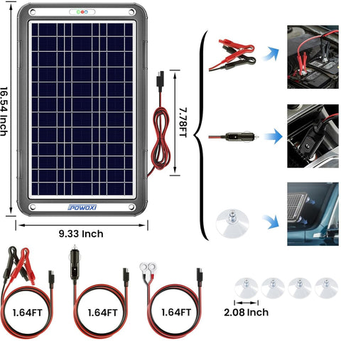 POWOXI 12W charger maintains battery health in varying sun.