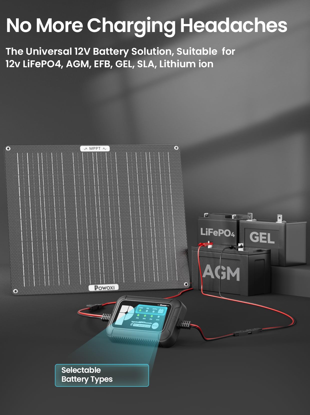 POWOXI auto-stop-resume charging shown for maintenance-free operation.