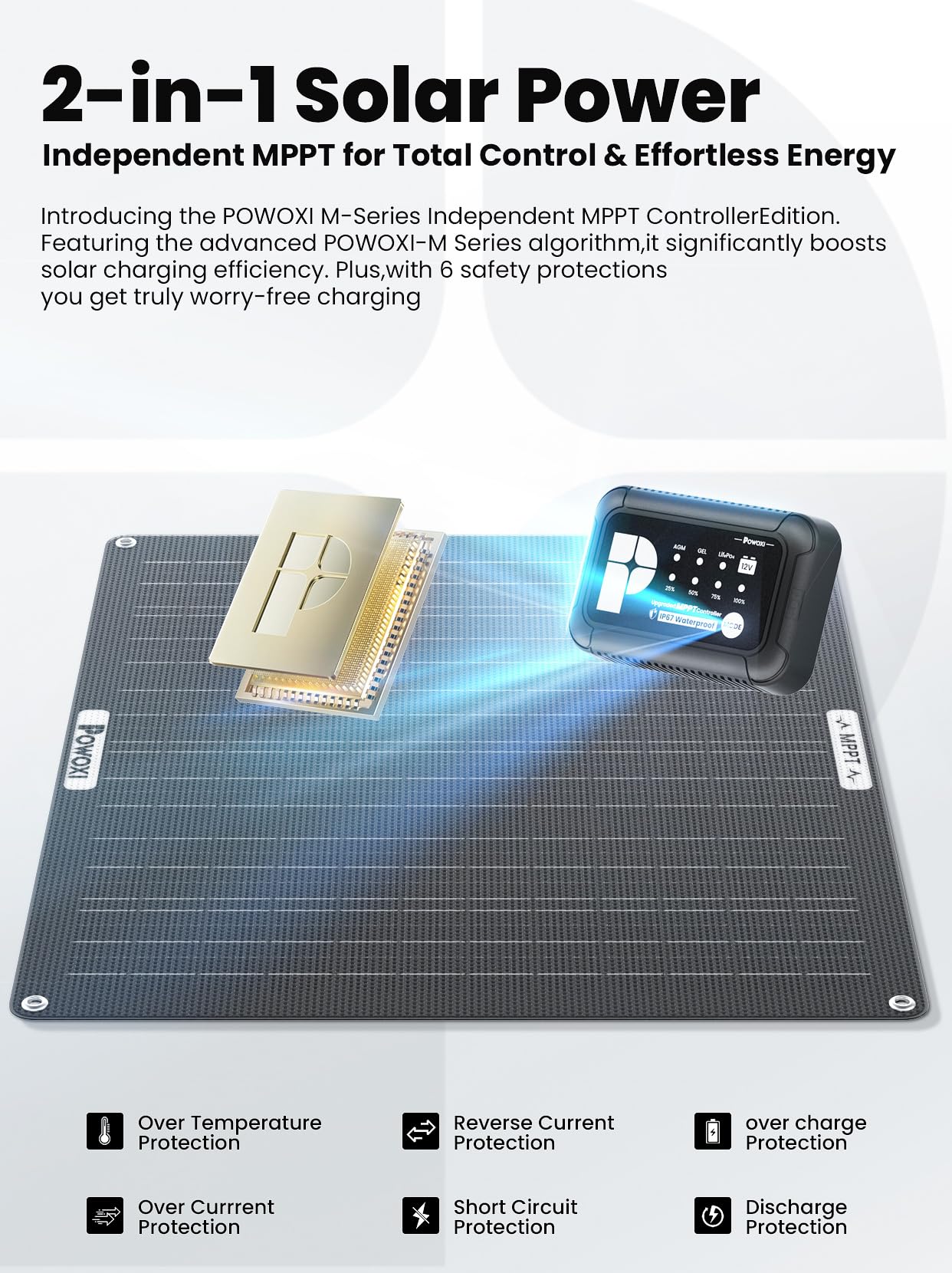 POWOXI battery compatibility modes display for 12V AGM, GEL, LiFePO4 batteries.
