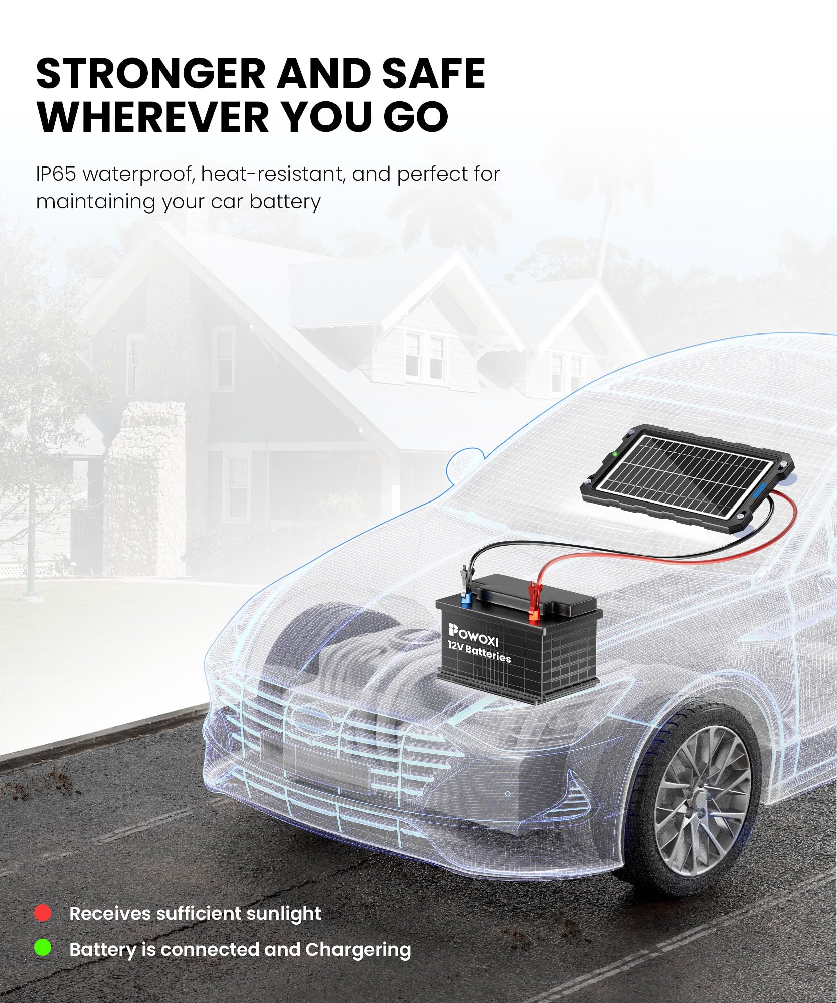 POWOXI cigar-lighter plug connection for easy portable charging on road trips.