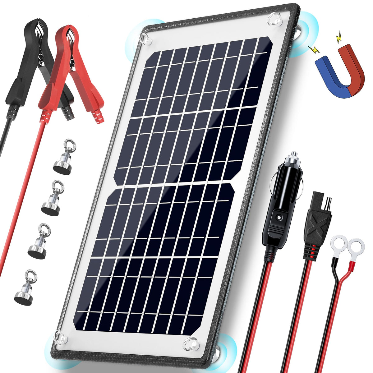 POWOXI magnetic solar charger attached to car battery for quick maintenance