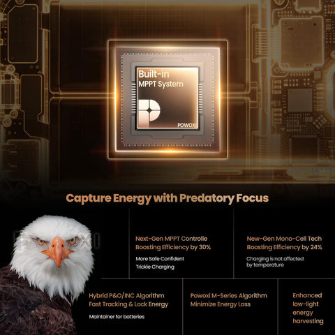 POWOXI MPPT controller inside charger optimizing energy harvest.
