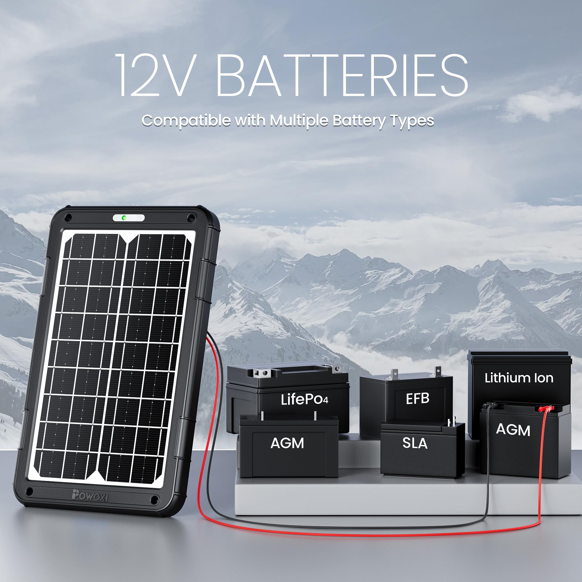 POWOXI waterproof solar panel designed for outdoor charging in diverse weather.