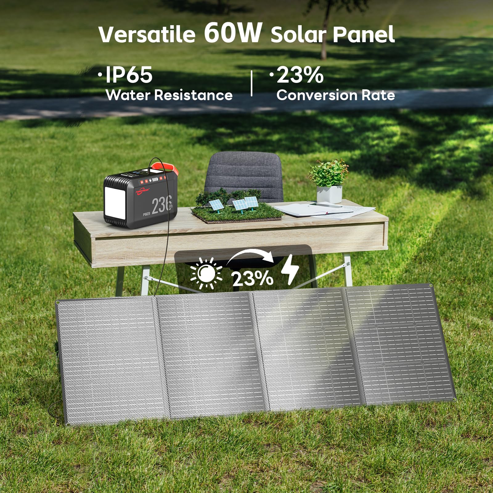 Powstream 60W solar panel in sunlight powering the generator efficiently