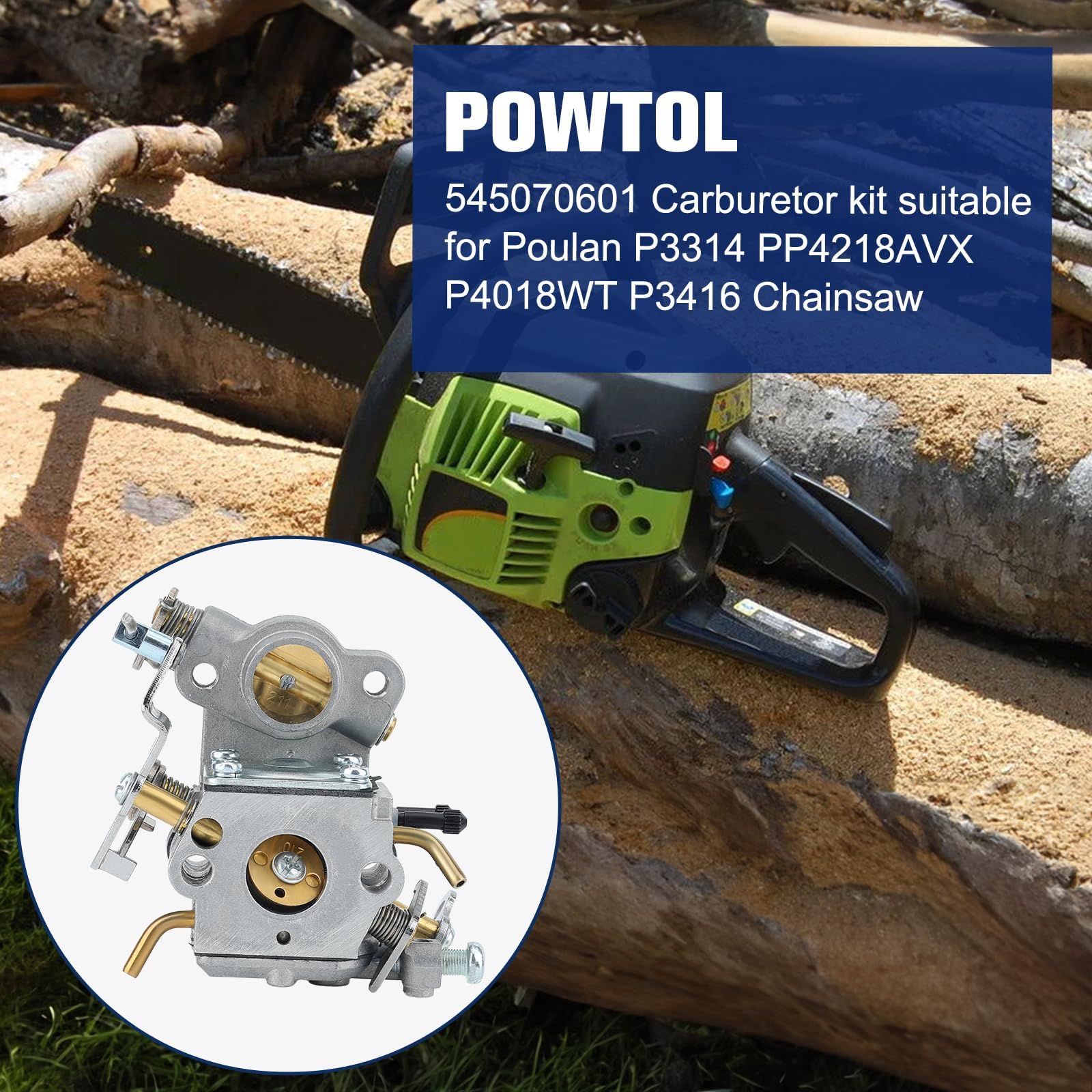 Powtol carburetor kit contents with air filter and lines for easy replacement.