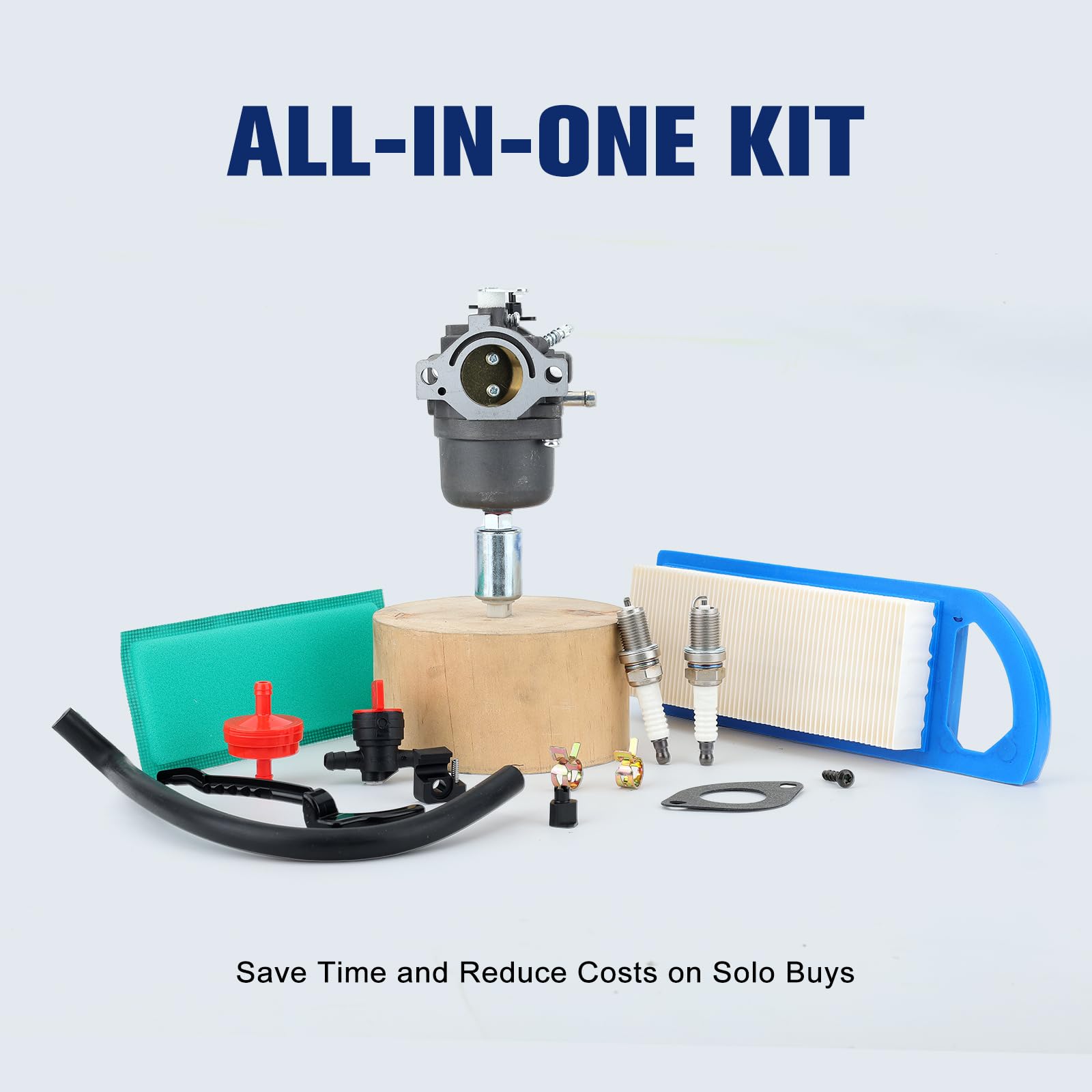 Powtol 594593 carburetor kit components spread, showing gasket kit and air filter.