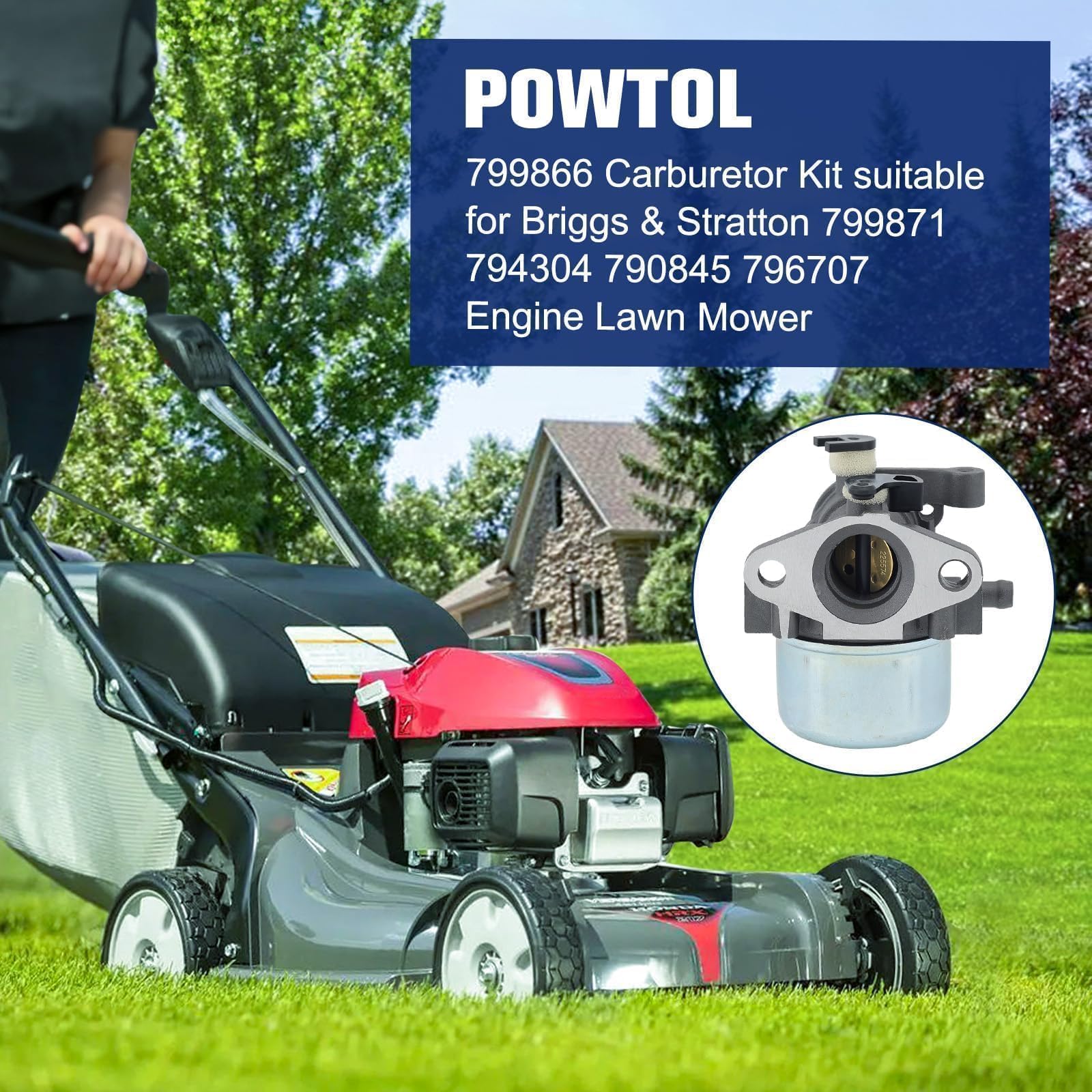Powtol 799866 carburetor side view, durable construction for lawn performance.