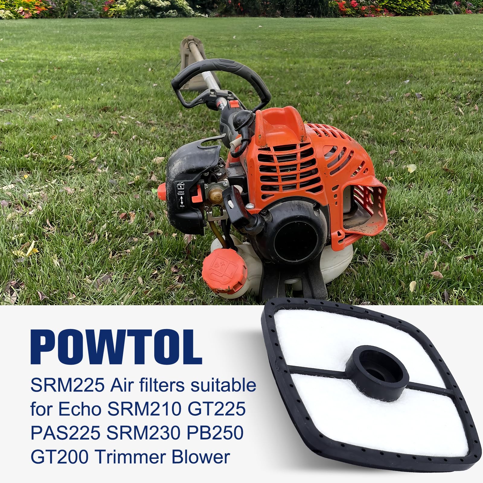 Powtol SRM 225 air filter packaging shows value pack for quick replacements.