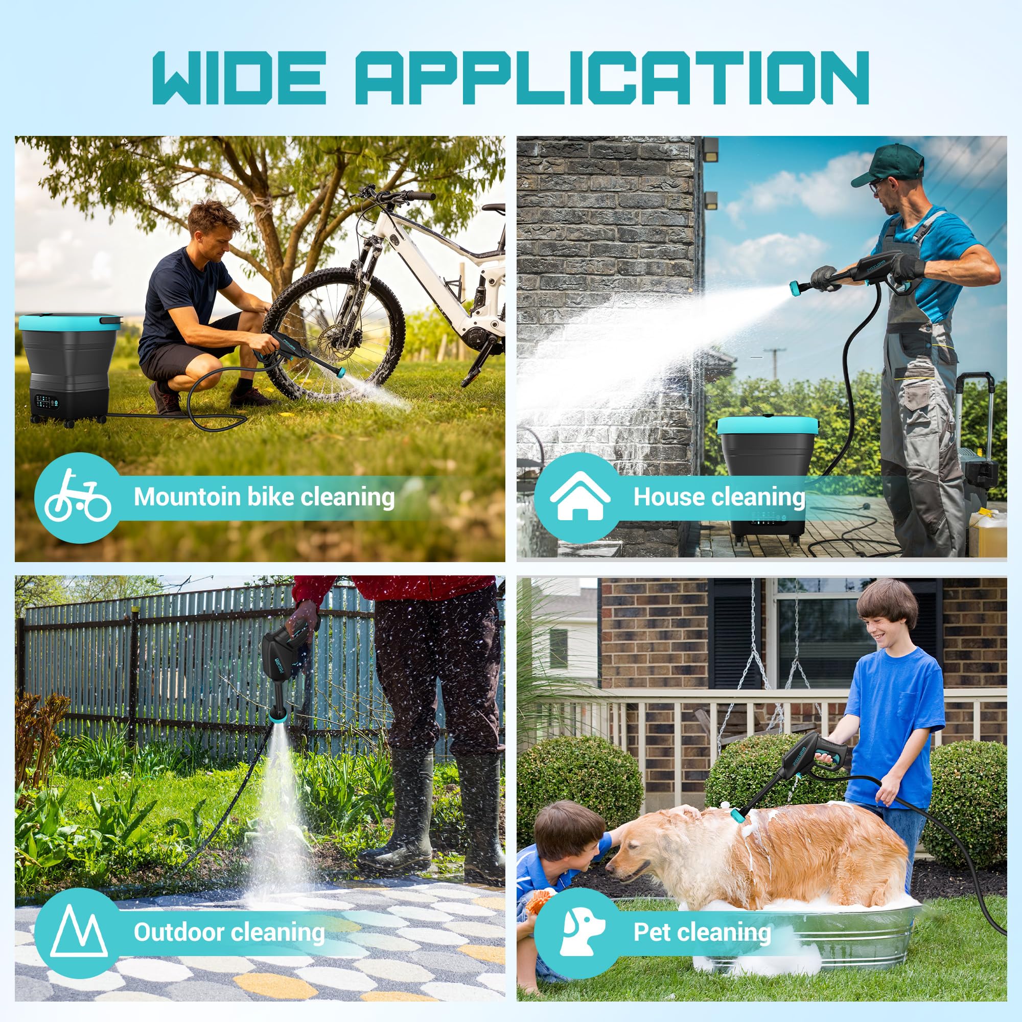 POXURIO use scenarios include car, patio, and gear washing