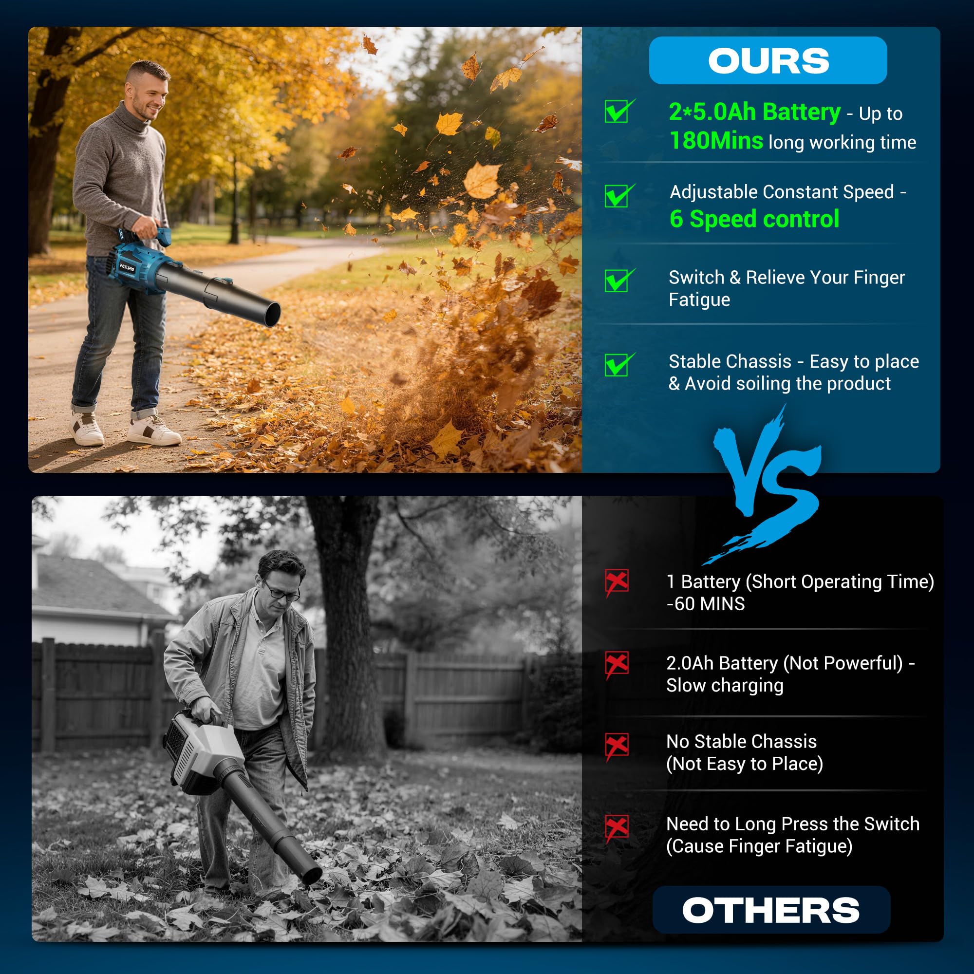 POXURIO large-volume airflow clears patios and driveways efficiently.