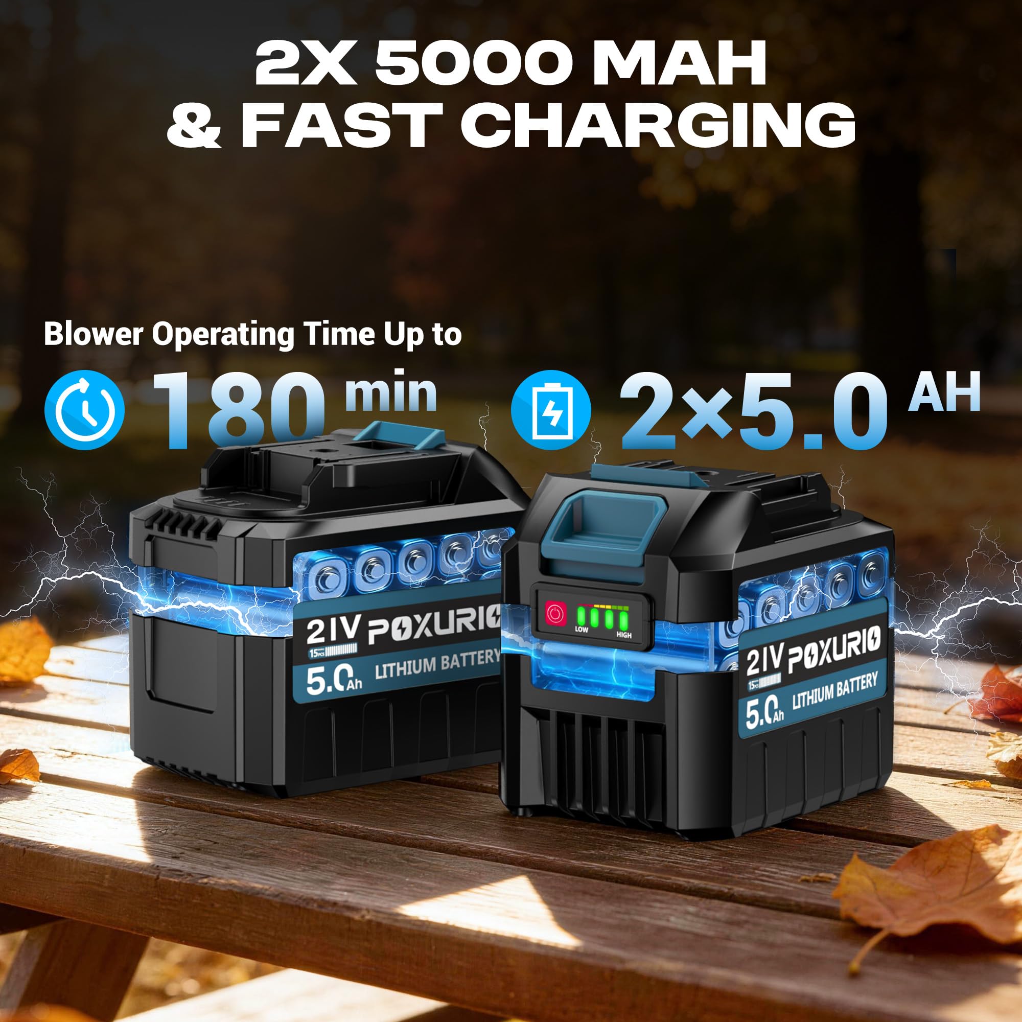 POXURIO turbo motor delivers high-speed air for leaves and light snow.