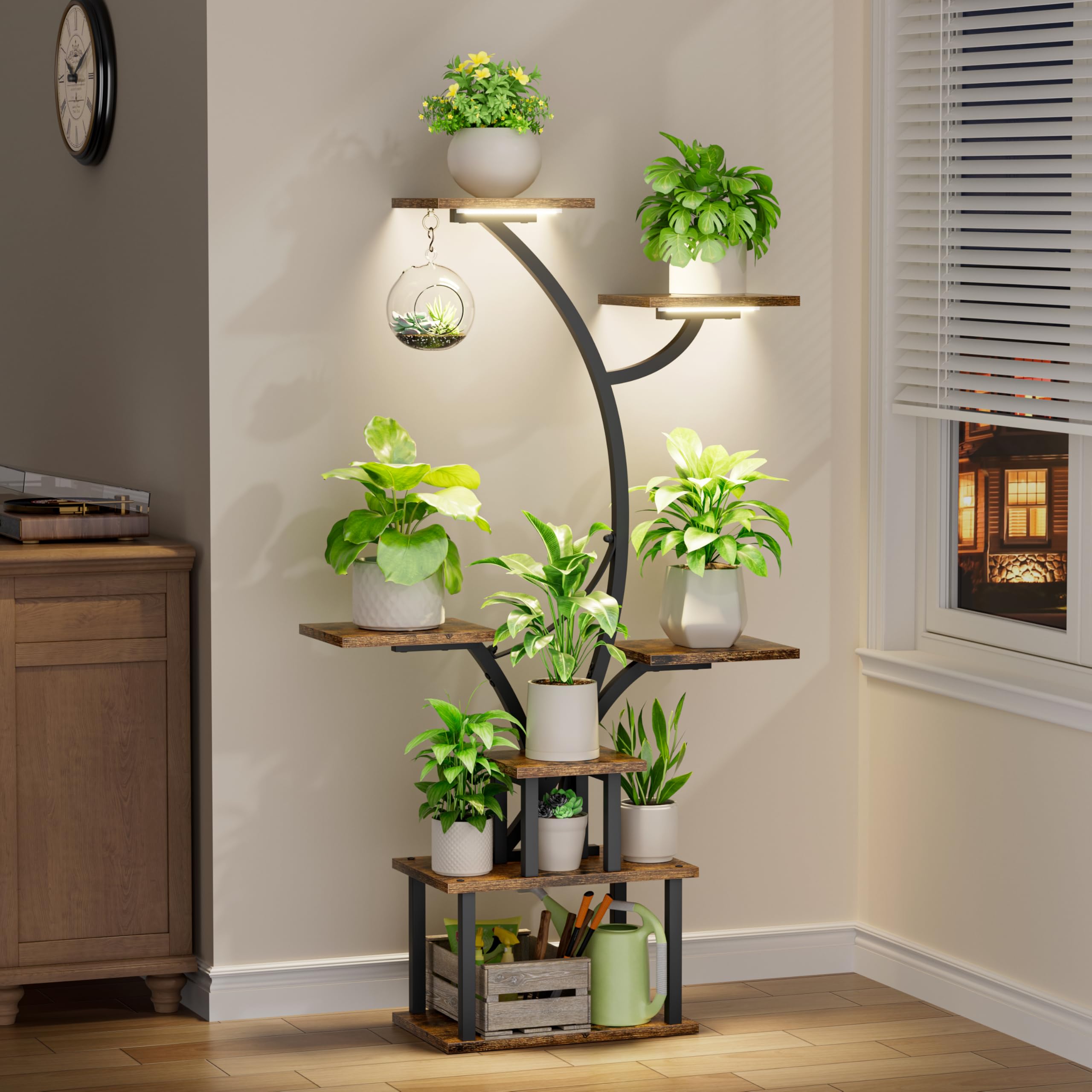 POZILAN plant stand with grow light in a 7-tier corner display, ideal for space-saving indoor gardening.