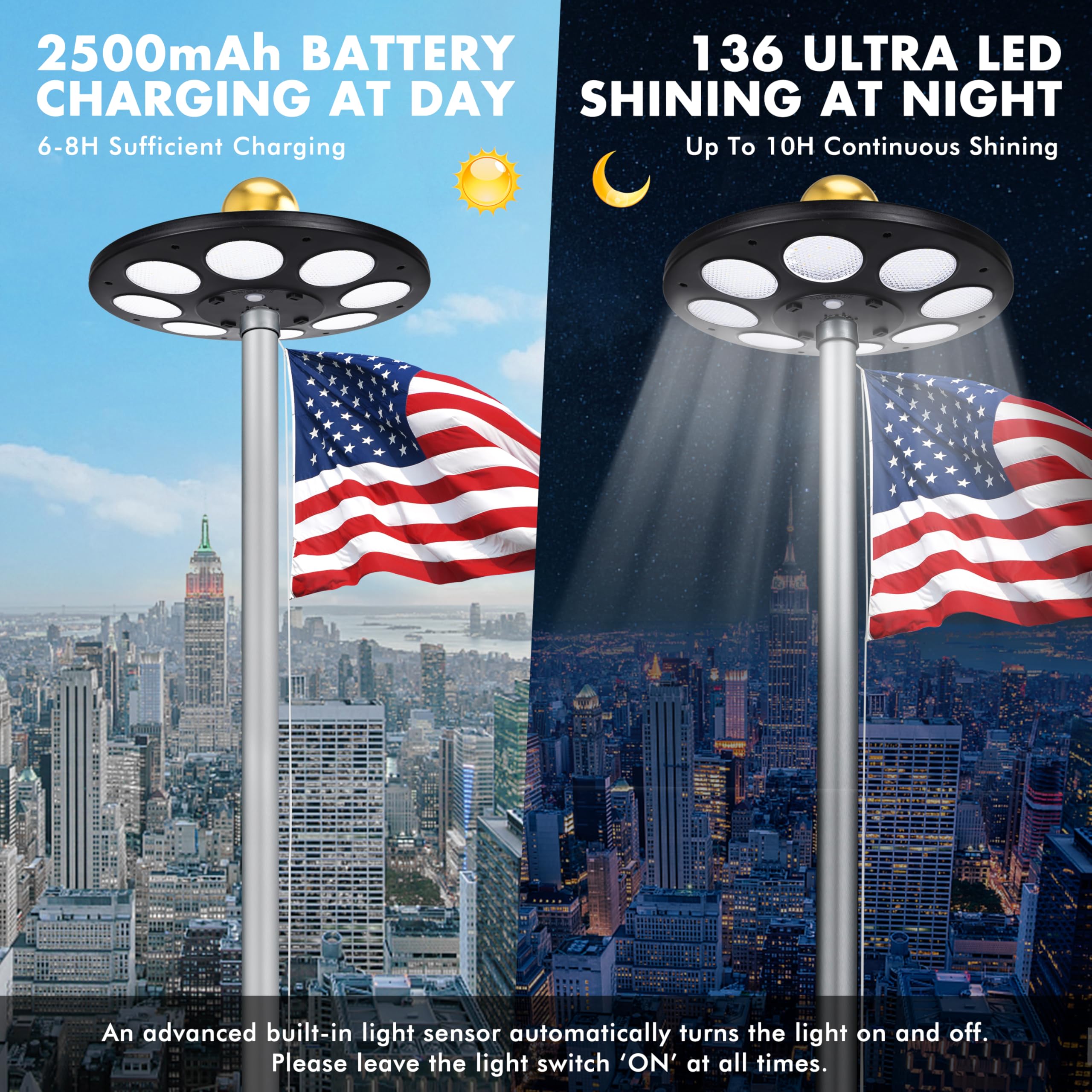 PPQ Solar Flag Light installation view shows easy mounting on standard poles