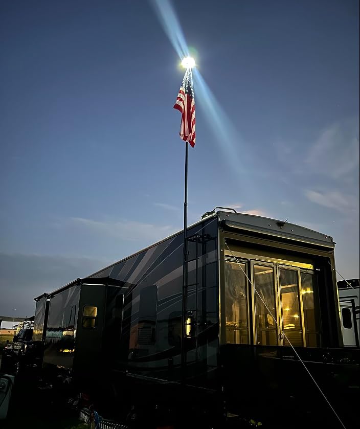 PPQ flag light powered by a 2500mAh battery for dusk-to-dawn illumination.